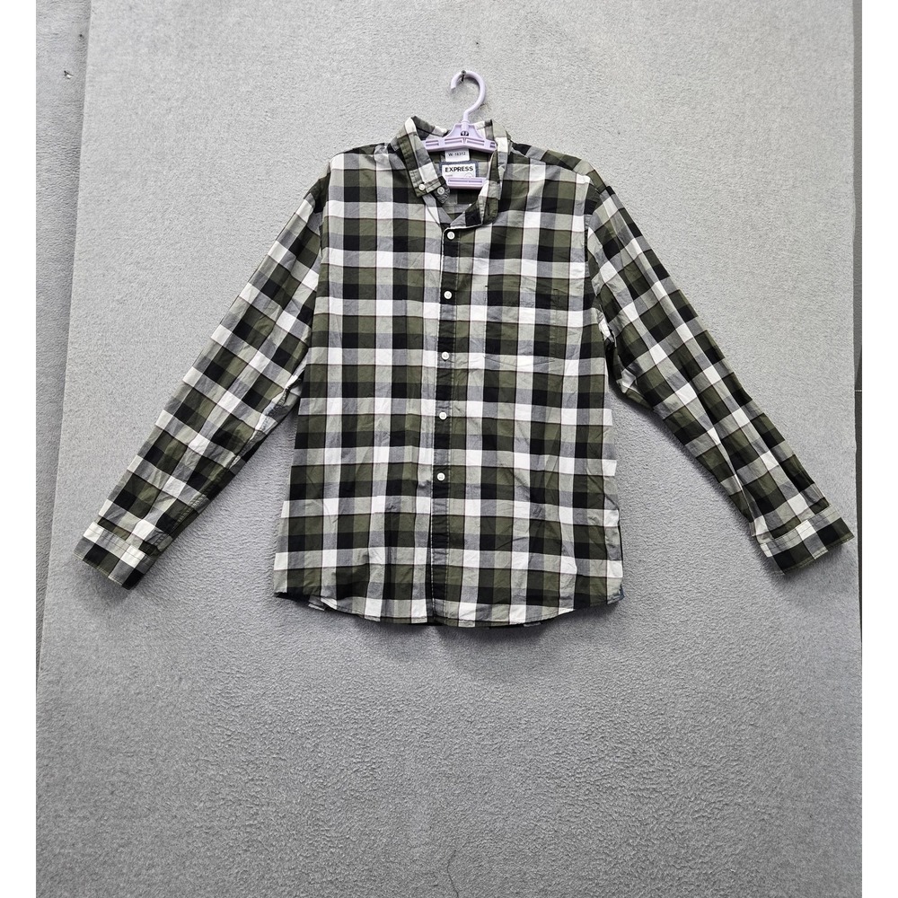 Express Men Button Up Shirt XL Green Plaid Classic Soft Wash Long Sleeve Casual